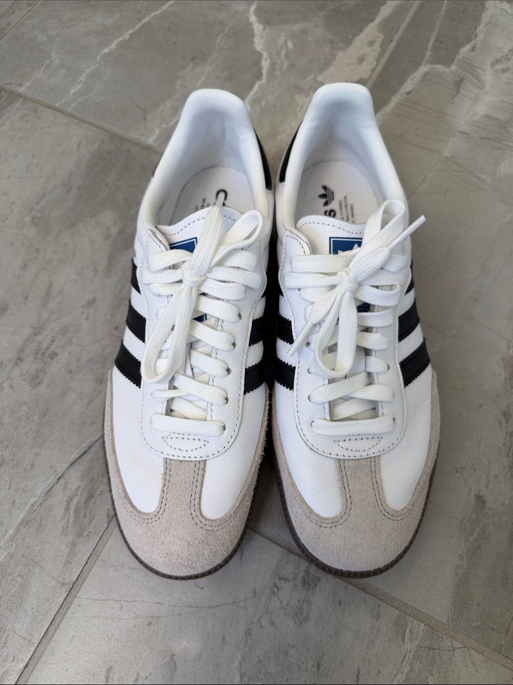 adidas samba White Sneakers with Black Stripes and Beige Suede Accents-7.5
New